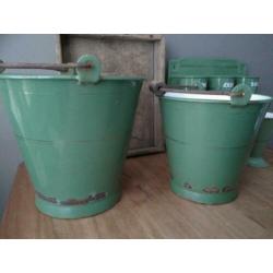 Oude brocante emaille emmer groen gouden biezen *Etage3*