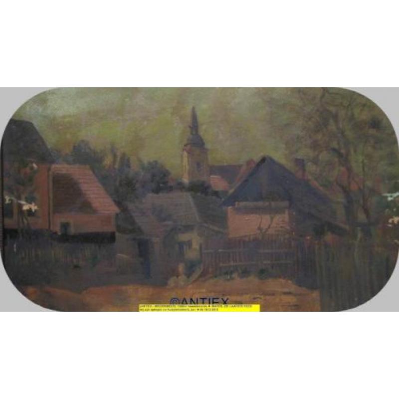 9742 - schilderij op karton dorpsgezicht met kerk - € 25