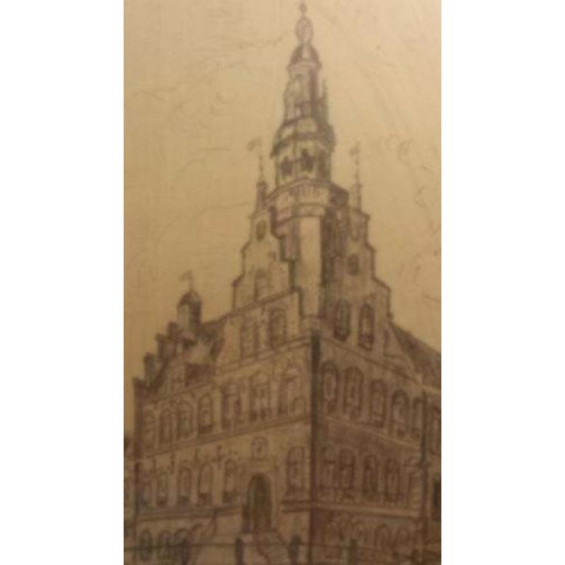 Orig.potlood tekening Franeker stadhuis gesigneerd