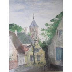 Aquarel Roodenburg, dorpsgezicht.