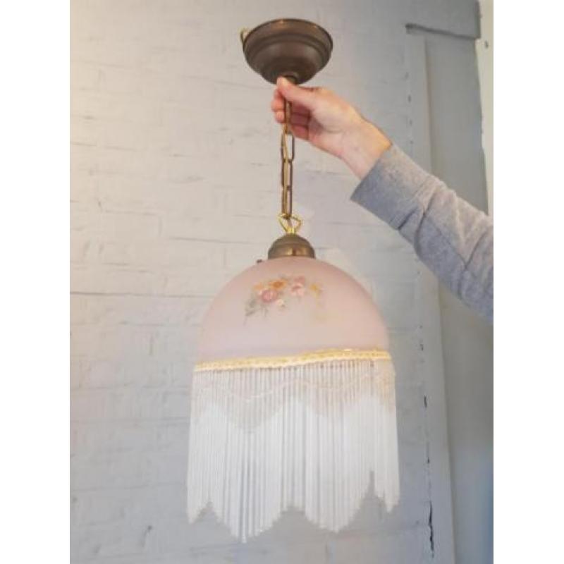 Antieke Hanglamp met glazen pegels - Hand geschilderd