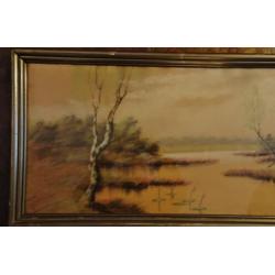 Pastel WATERLANDSCHAP Vennebos in Brabant oud in lijst Oud,