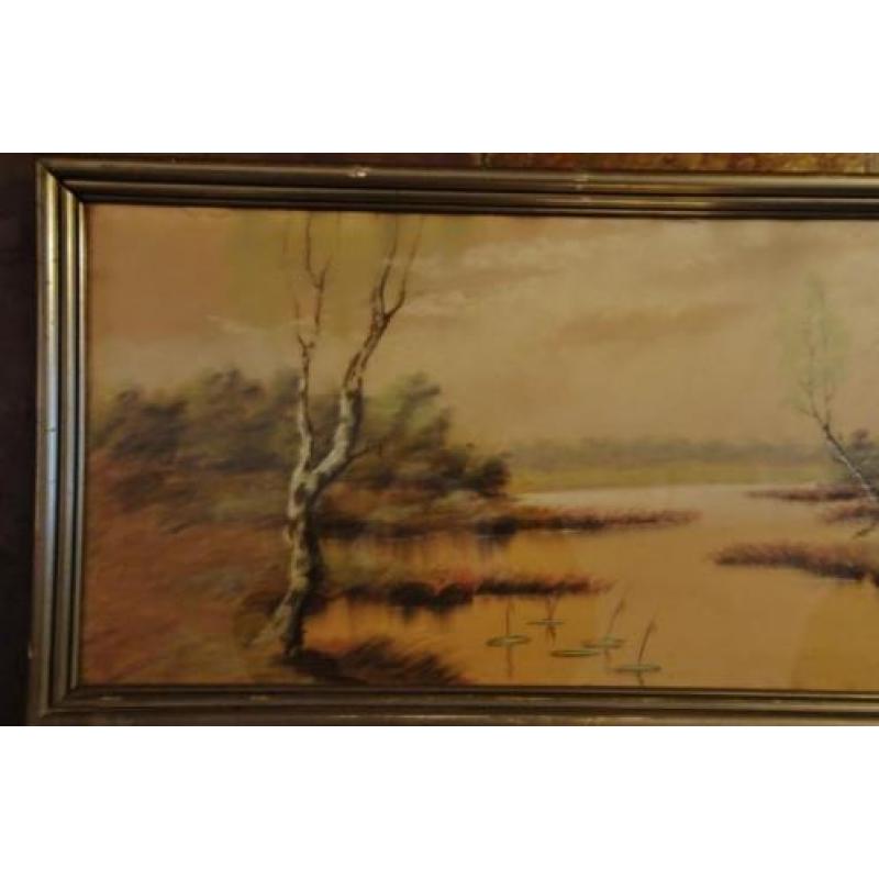 Pastel WATERLANDSCHAP Vennebos in Brabant oud in lijst Oud,