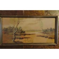 Pastel WATERLANDSCHAP Vennebos in Brabant oud in lijst Oud,