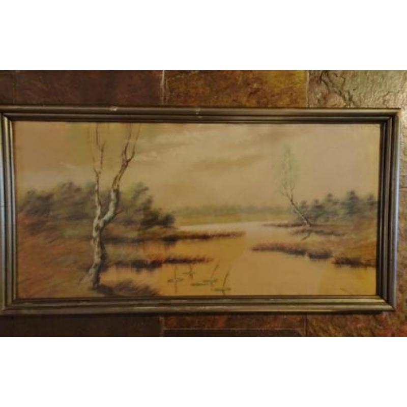 Pastel WATERLANDSCHAP Vennebos in Brabant oud in lijst Oud,