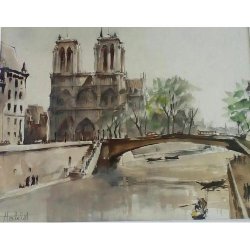 Herbelot "Notre Dame Seine Parijs" mooi ingelijst aquarel