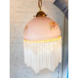 Antieke Hanglamp met glazen pegels - Hand geschilderd