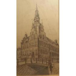 Orig.potlood tekening Franeker stadhuis gesigneerd