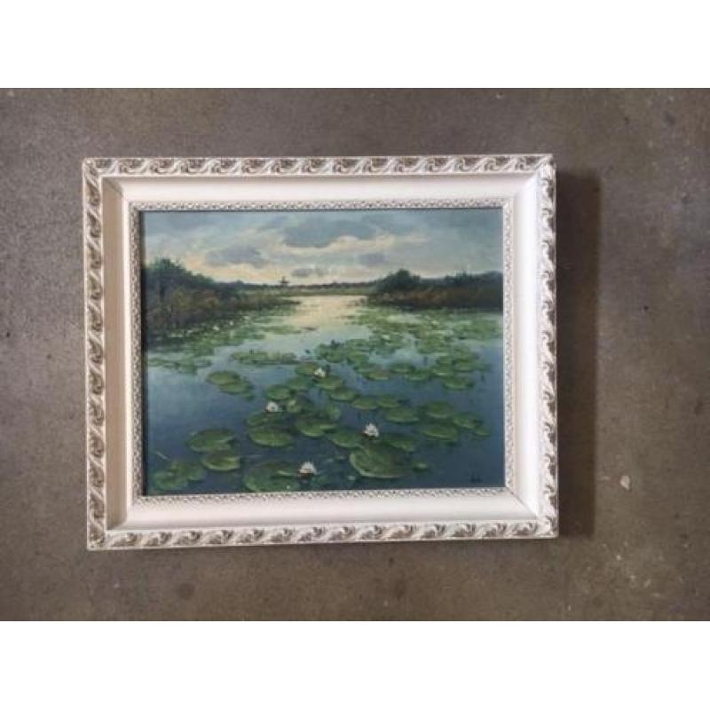 Schilderij waterlelies olieverf op doek, J.v.L