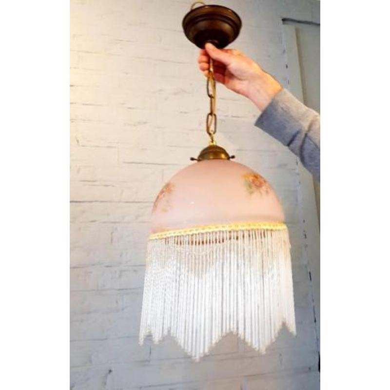 Antieke Hanglamp met glazen pegels - Hand geschilderd