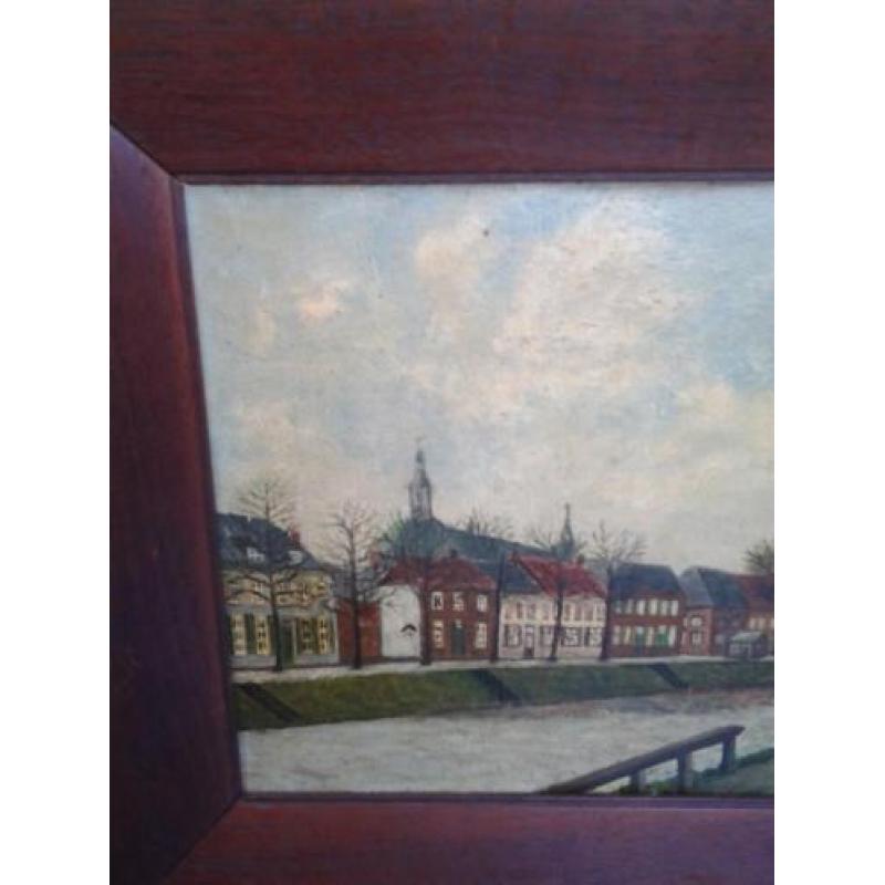 Oud schilderij..Huizen. langs het water.