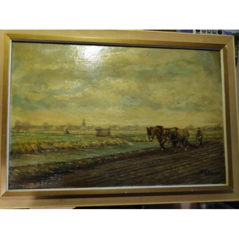 Schilderij landschap met paarden C.J. Eekman