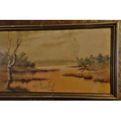 Pastel WATERLANDSCHAP Vennebos in Brabant oud in lijst Oud,