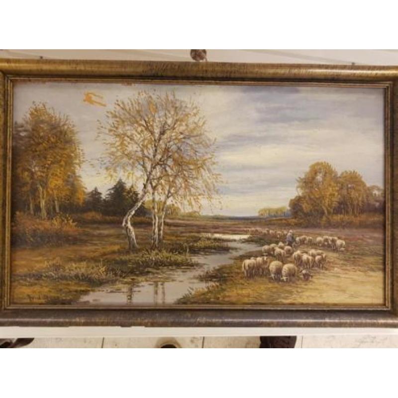 Schilderij landschap met schapen gesigneerd