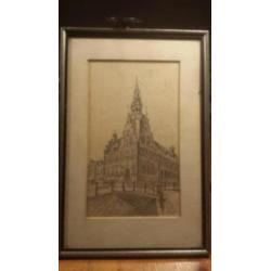 Orig.potlood tekening Franeker stadhuis gesigneerd