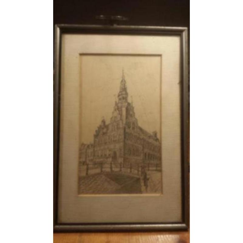 Orig.potlood tekening Franeker stadhuis gesigneerd